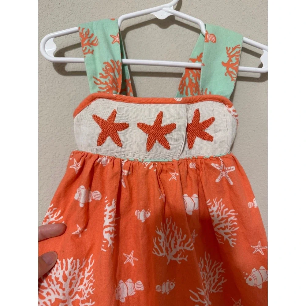 Ruffles & Frogs Baby Girl Starfish Smocked Orange Dress 18 Months Coastal
